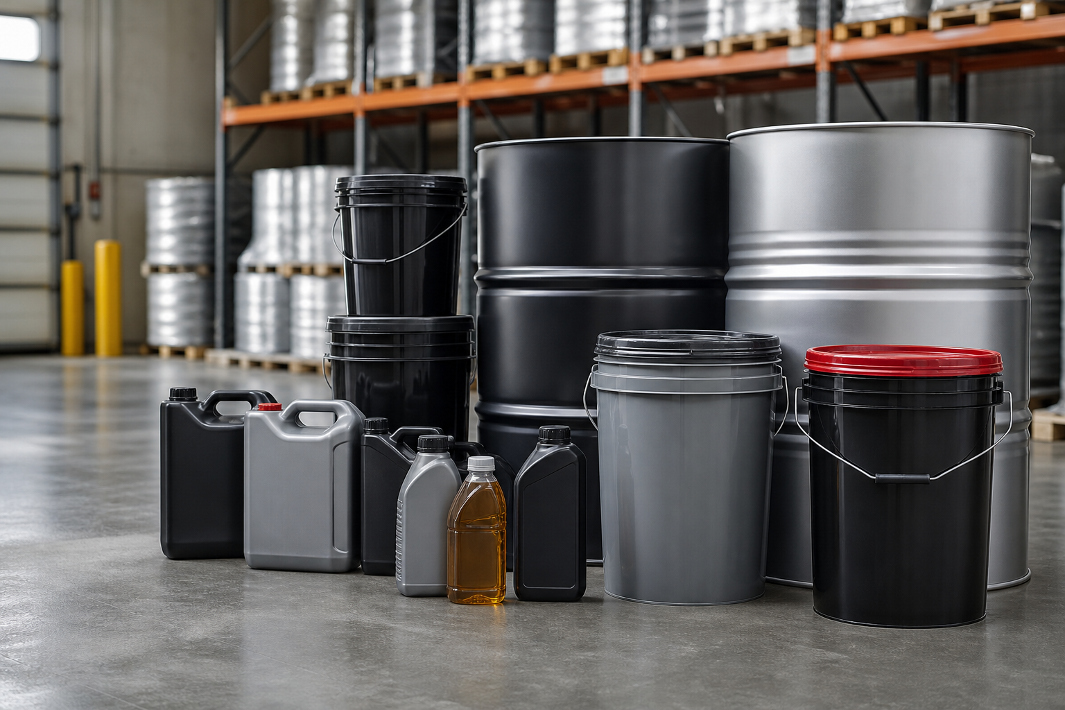 Bulk and packaged lubricant containers in a warehouse