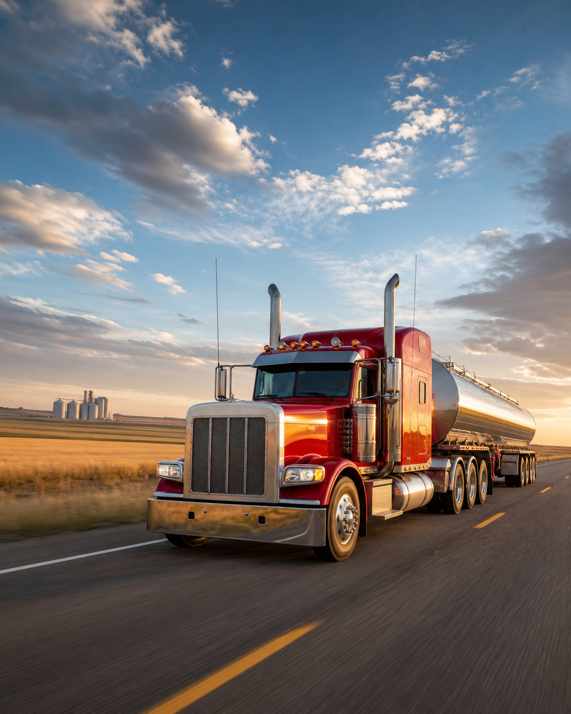 Red tanker truck travelling across the Canadian prairies
